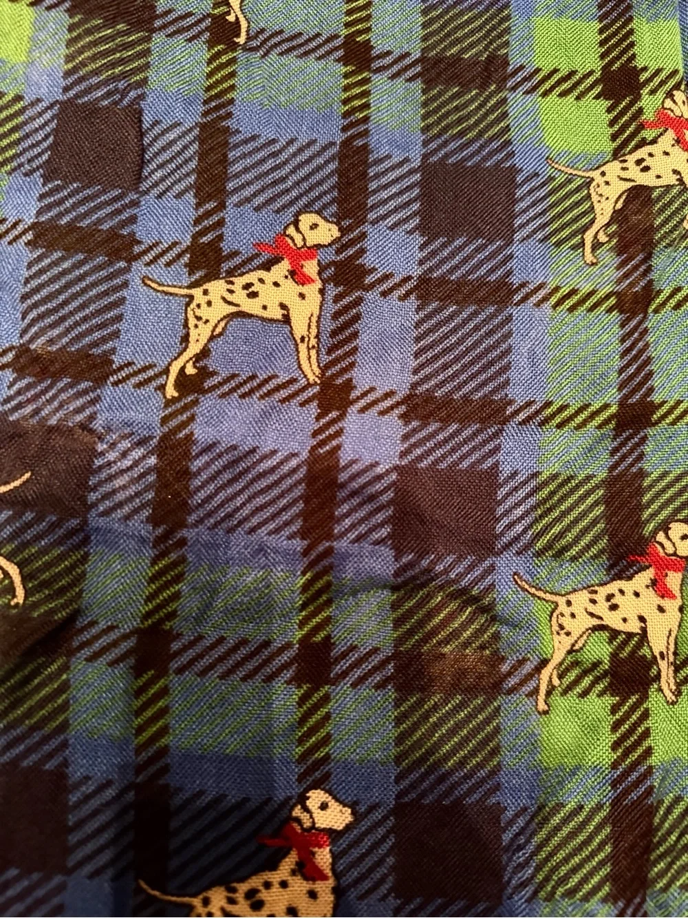 NEW Talbots Blue & Green Tartan Dalmatian Dog-Print Pet Scarf 72”z12” Red Trim